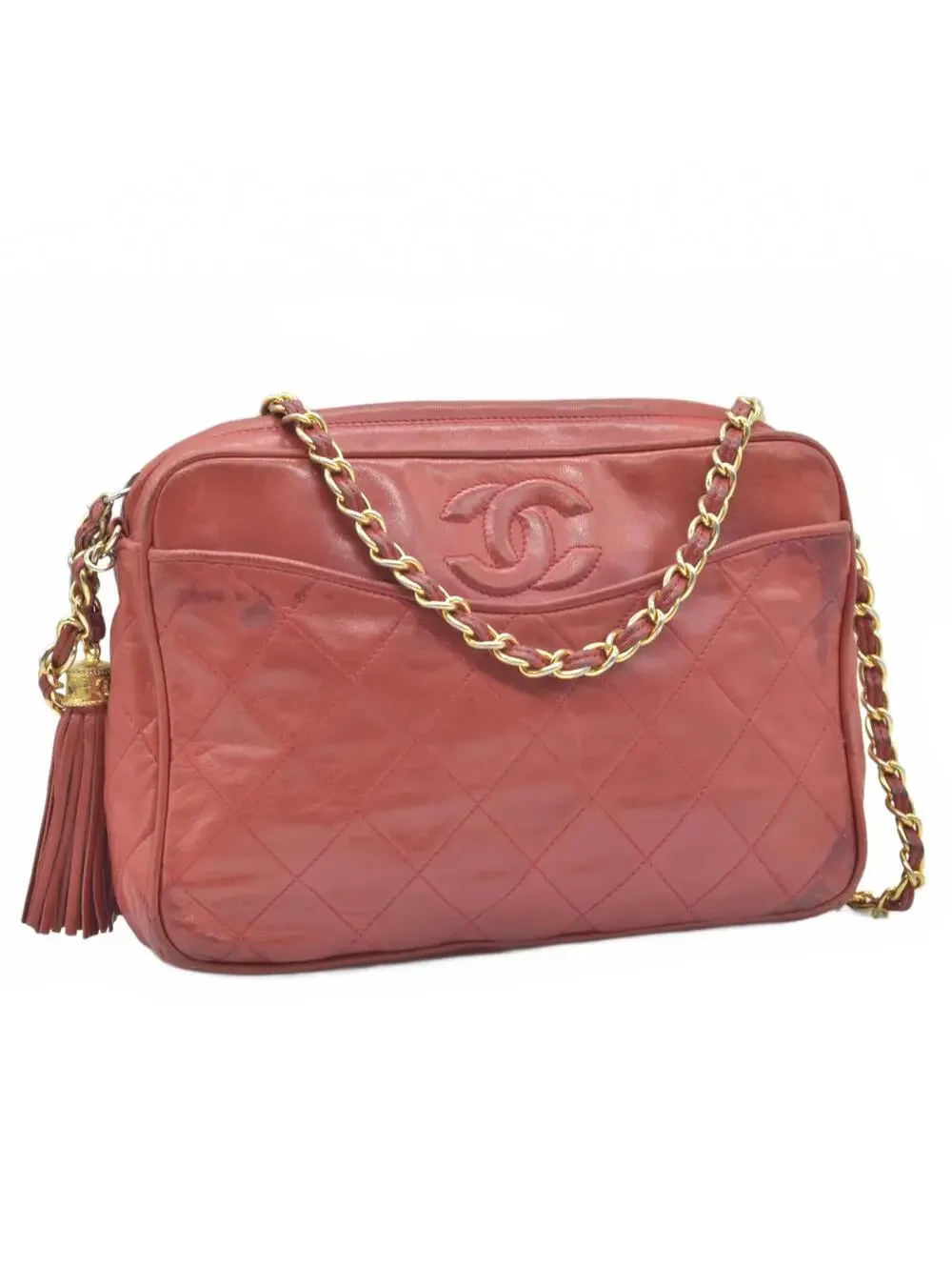 1986-1988 Chanel Red Lambskin Tassel CC Fringe Camera Bag